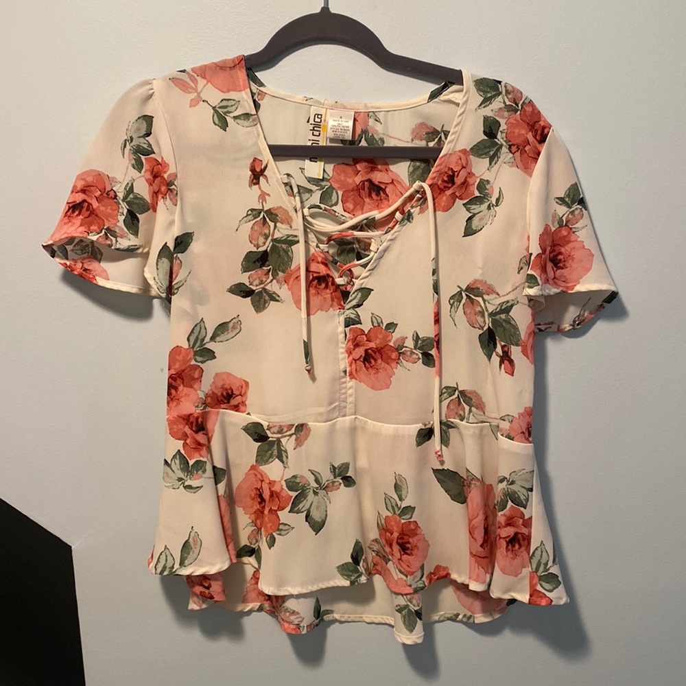 Rose Patterned Lace up Peplum Blouse